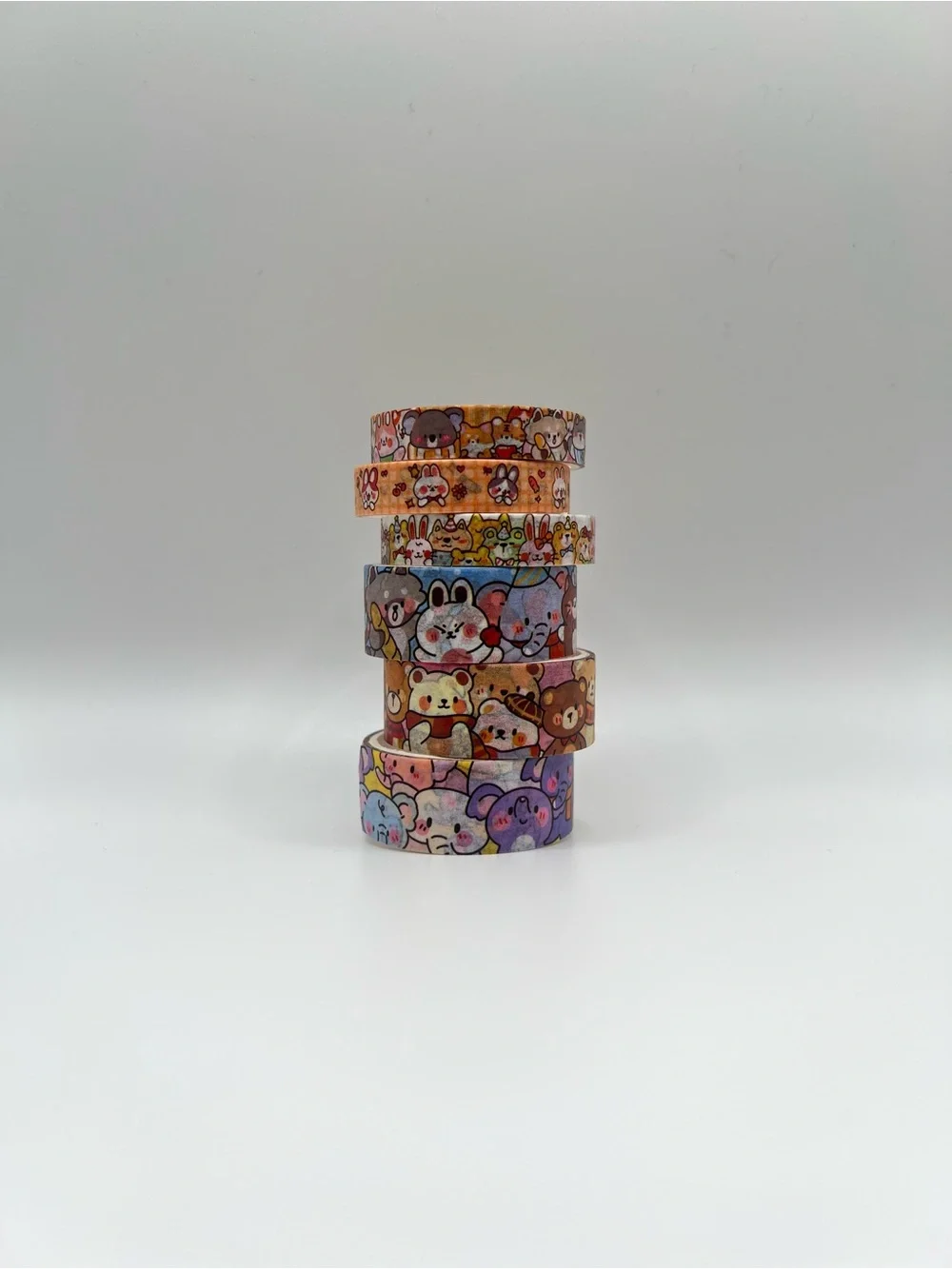 6 Animal Cute Character Washi Tape Set 2 - Pink, Orange, Blue, Purple